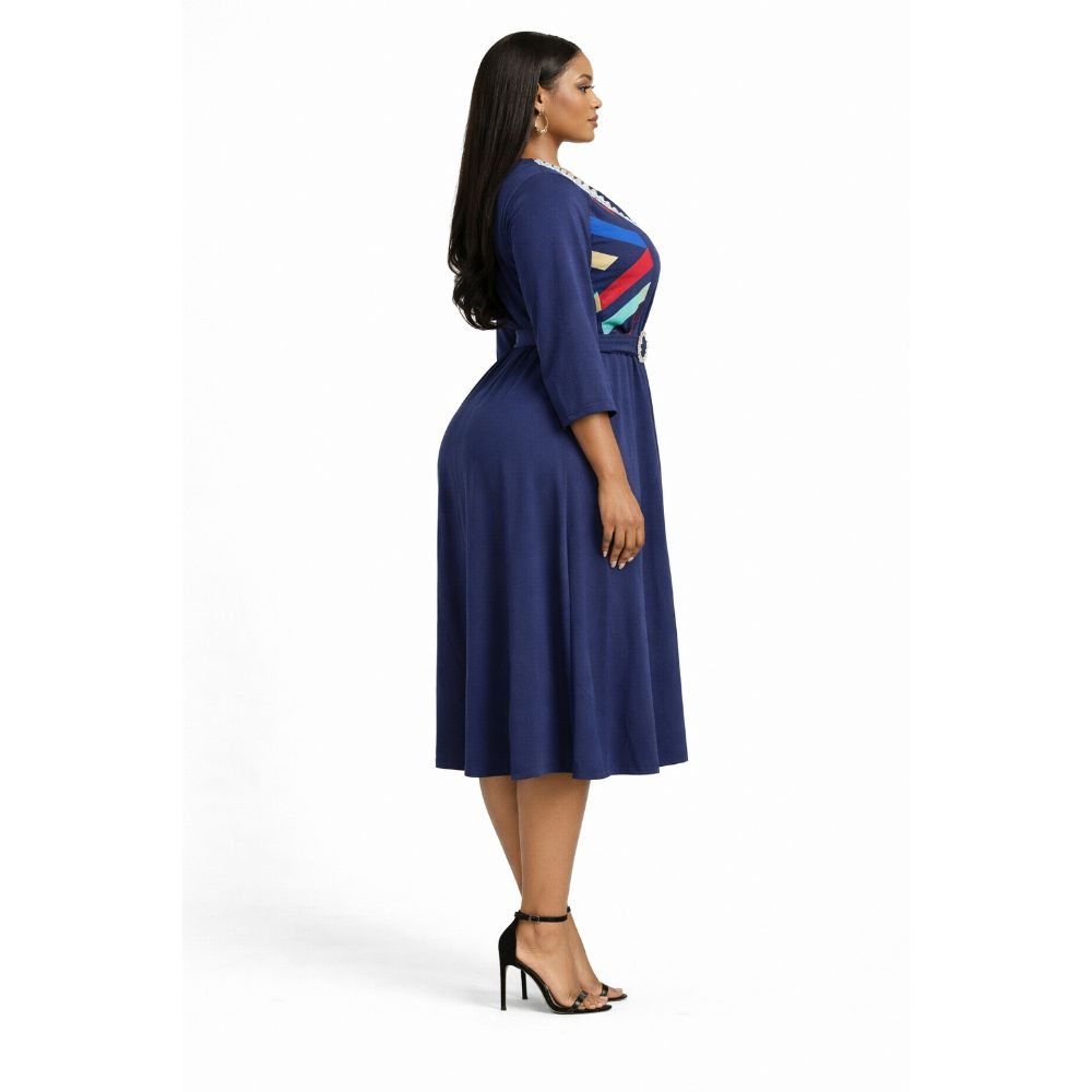 Navy Blue Flare Dress with Contrast Panel and Waist Belt